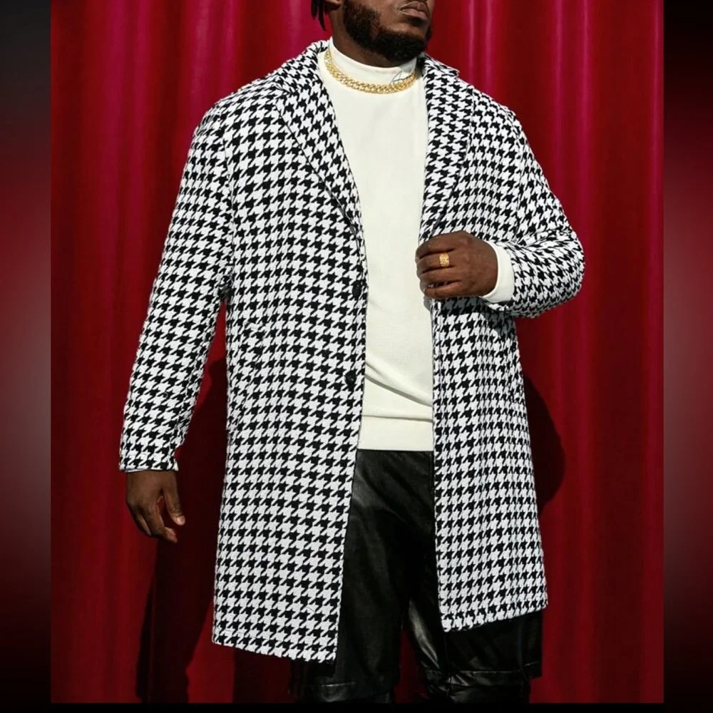 Manfinity Men Plus Houndstooth Print Lapel Neck Overcoat - Picture 4 of 8